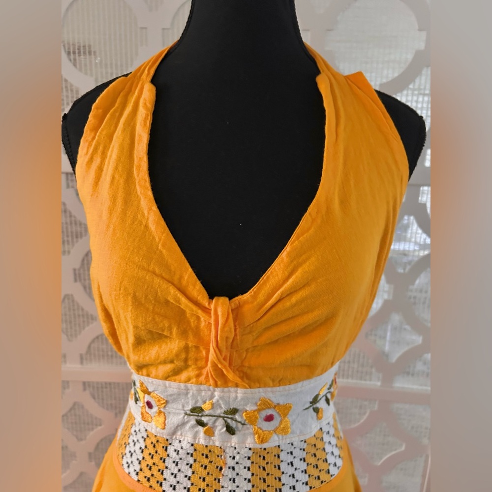 EMBROIDERED SMALL Orange Gold Halter Dress  Floral Boho Cottage Core - Picture 14 of 14